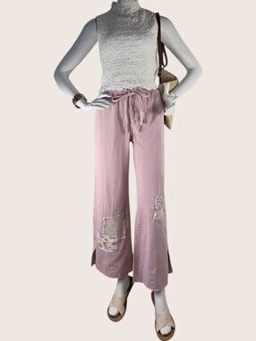 POL Bree Dusty Rose Patchwork Wide Leg Pants Boho Cottagecore Medium NIP